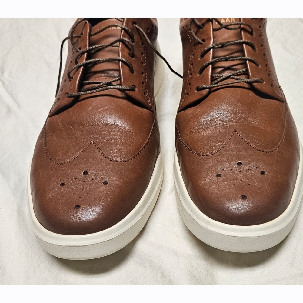 Cole Haan Brown Leather Wingtip Slip-On Sneakers with White Sole - Picture 3 of 6